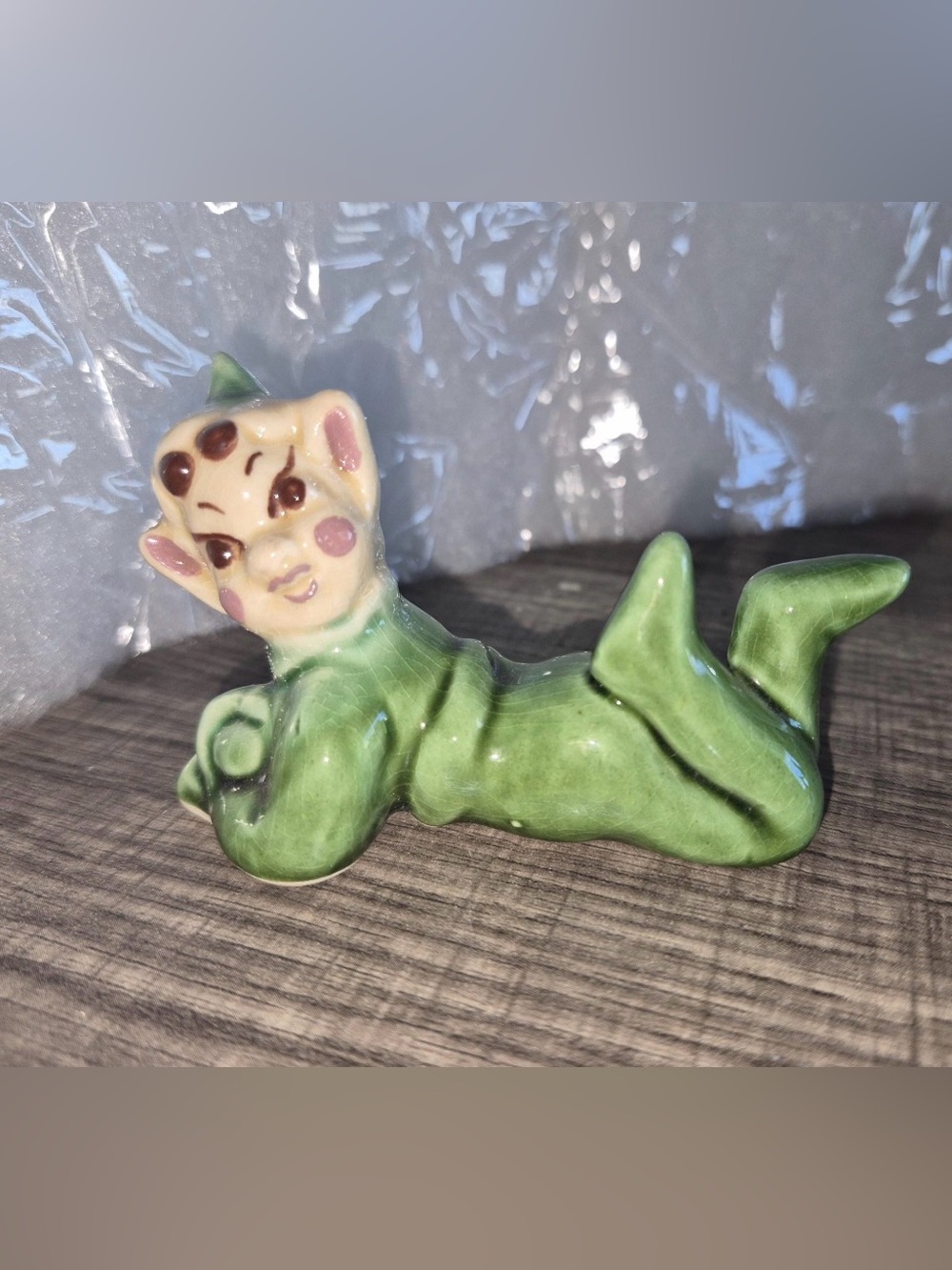 RARE MCM Pixie Figurine by Walker Pottery - Cute Elf Laying in Green Suit